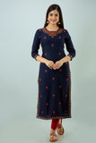 Women Embroidered Straight Kurta Dark Blue