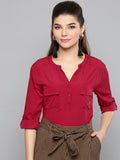 Casual Roll-up Sleeve Solid Women Pink Top Maroon