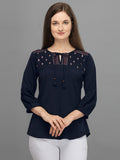 Casual Bishop Sleeve Embroidered Women Grey Top Navy Blue