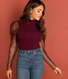 Casual Juliet Sleeve Solid Women Maroon Top MAROON