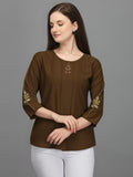 Casual Bishop Sleeve Embroidered Women Grey Top Green