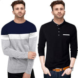 Solid Men Mandarin Collar White, Blue T-Shirt Black, Grey